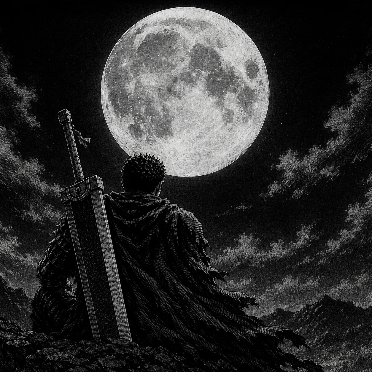 Guts manga panel pfp looking at the full moon, grayscale sketch