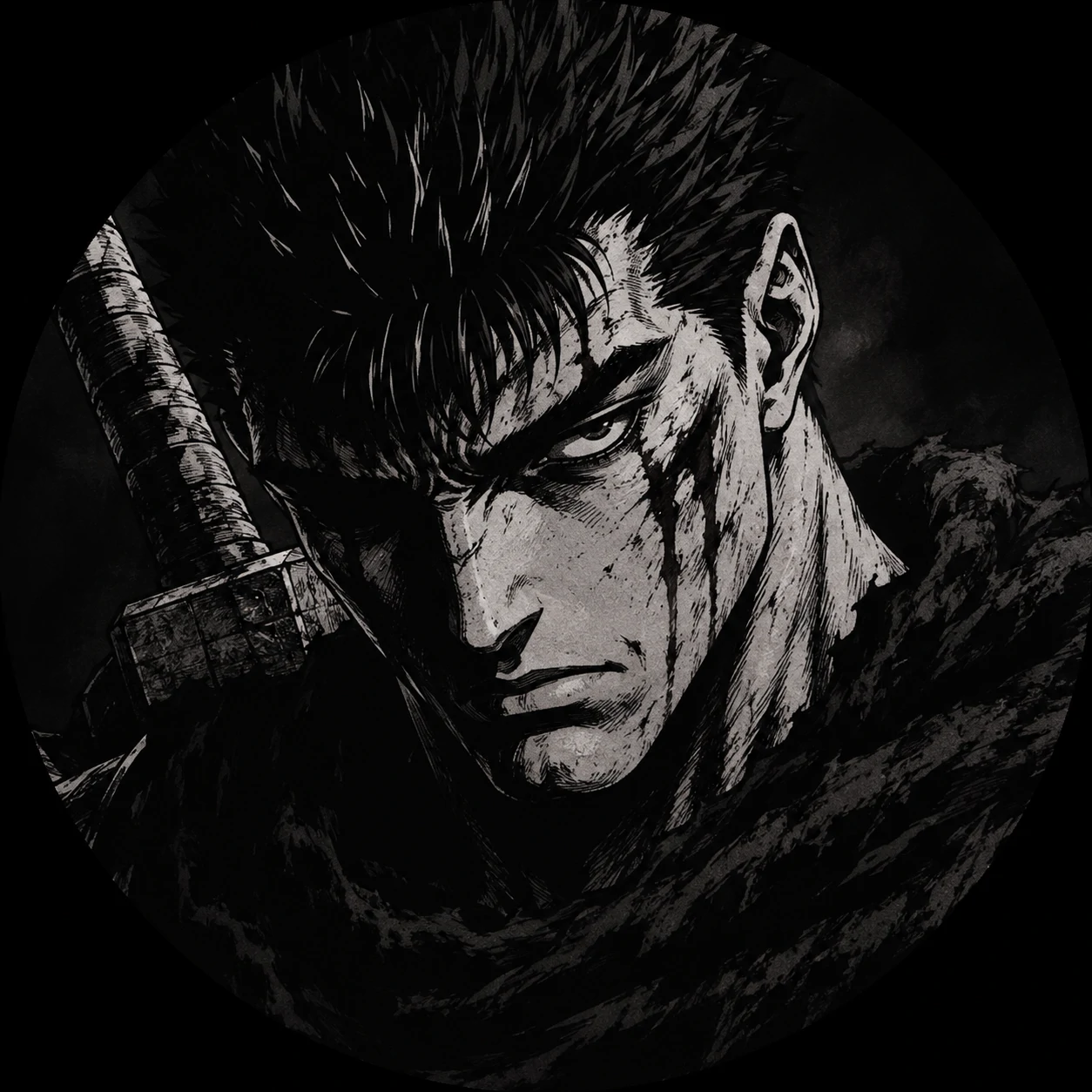 Pinterest style guts pfp icon with high contrast editing and dark moody tones