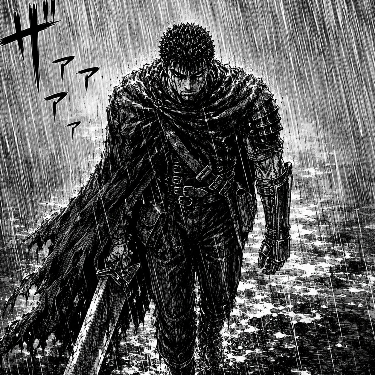 Guts manga pfp walking through heavy rain in black and white