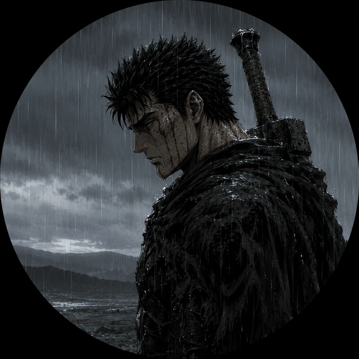 Sad aesthetic avatar of Guts standing in rain under a grey sky