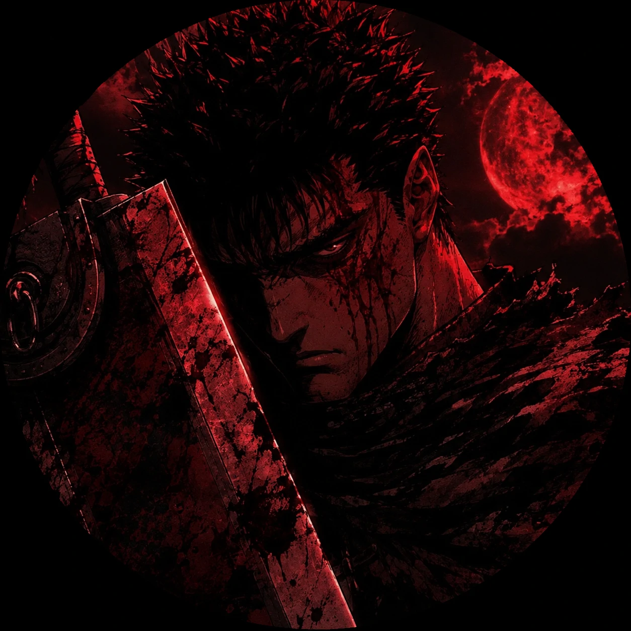 Red aesthetic Guts pfp edit with crimson shadows across Guts’ face and the Dragonslayer