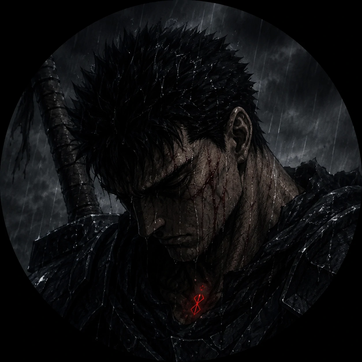 Sad guts pfp with Guts head bowed and scarred face in shadow