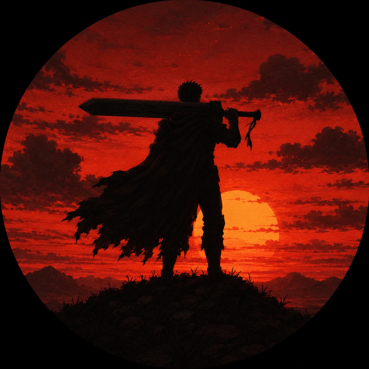 Aesthetic silhouette pfp of Guts standing on a hill at sunset with his huge sword