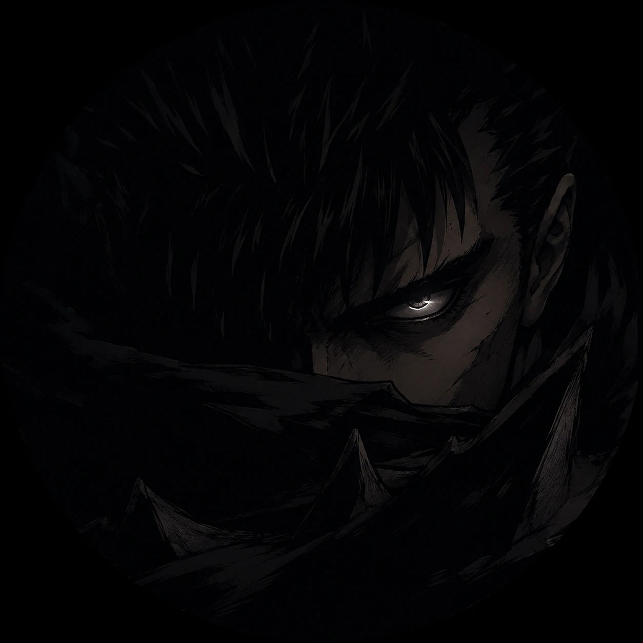 Profile picture of Guts with one eye glinting beneath dark hair, black swordsman style