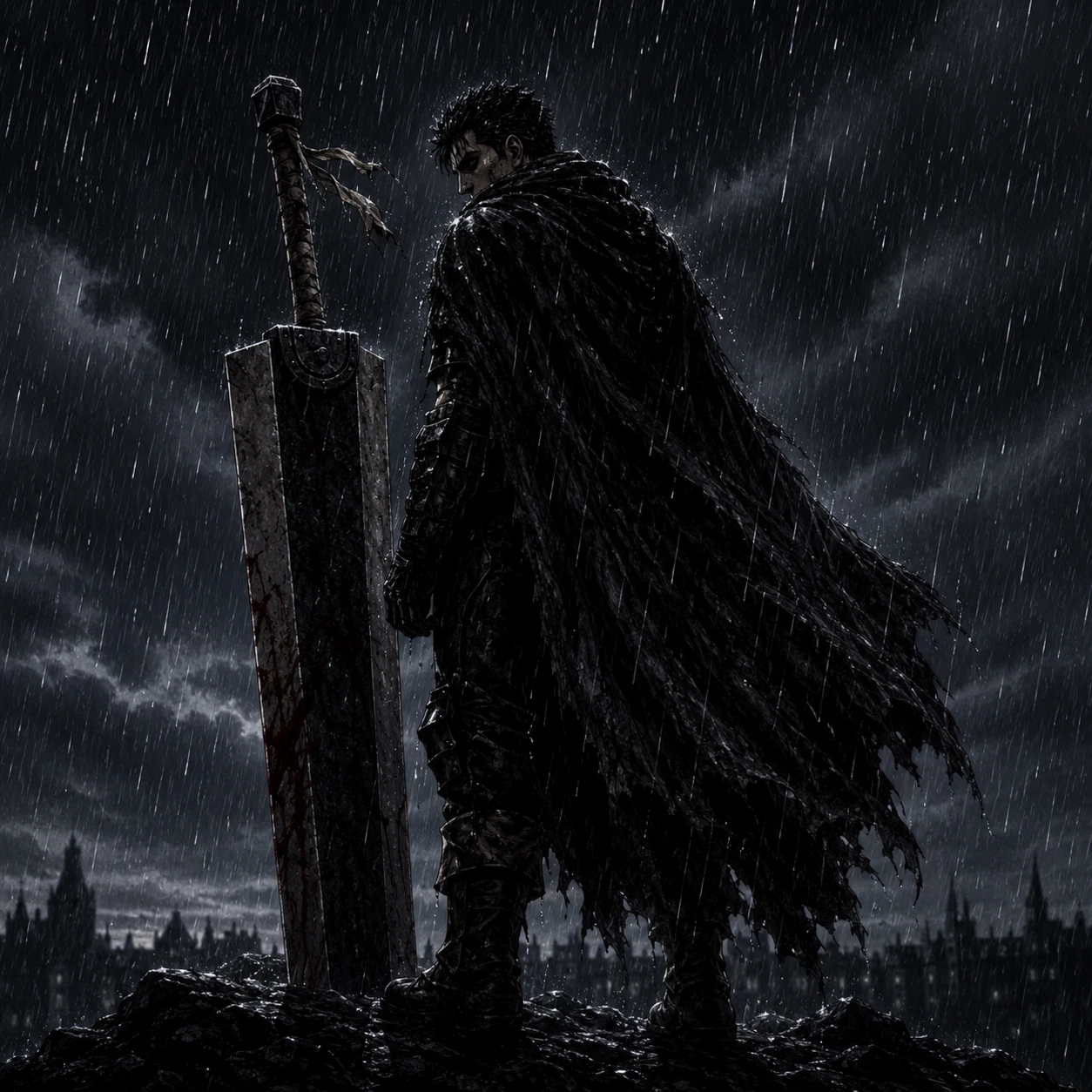 Guts pfp of the black swordsman standing in rain with cloak drawn