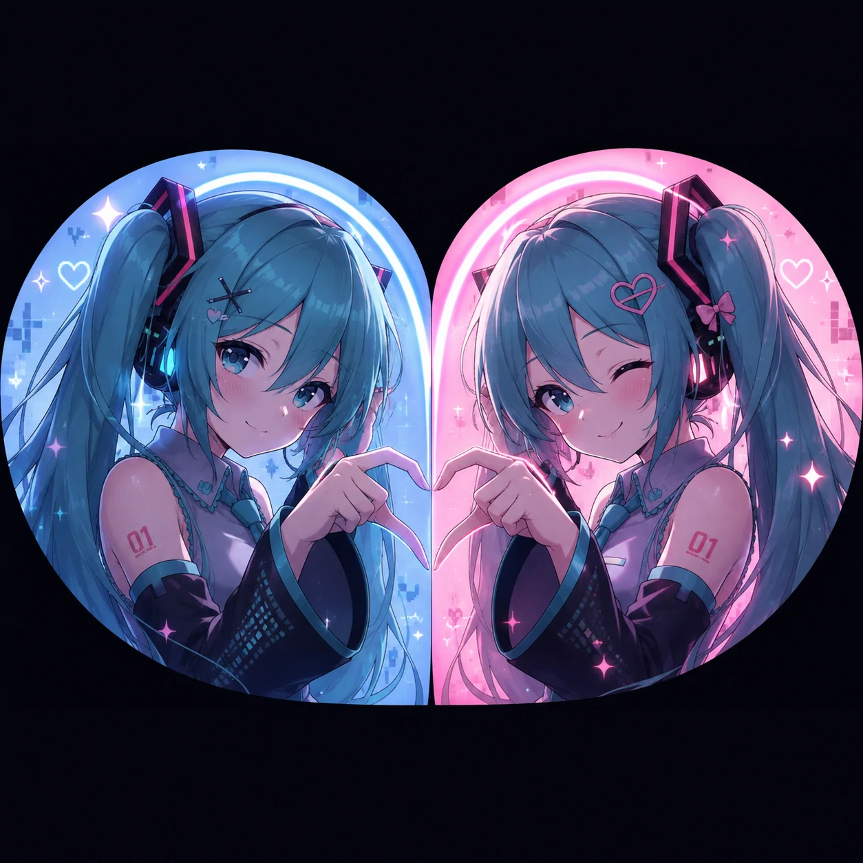 Matching Miku avatars forming half-heart composition with soft blue and pink anime tones