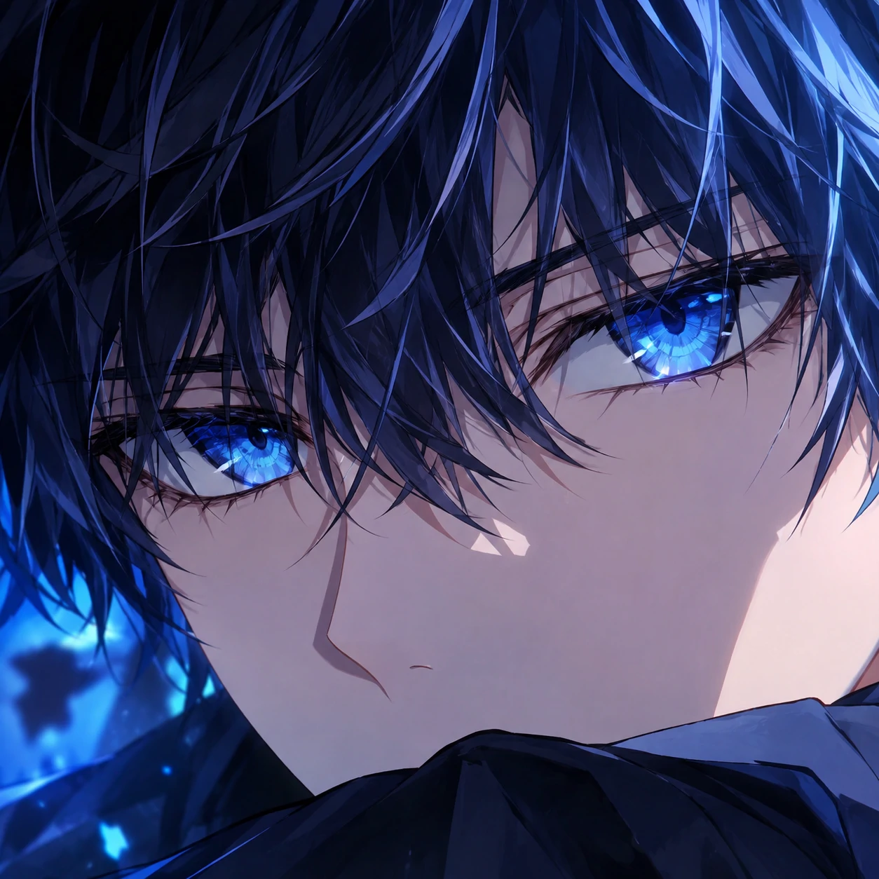 HD anime boy PFP closeup with vivid detailed blue eyes