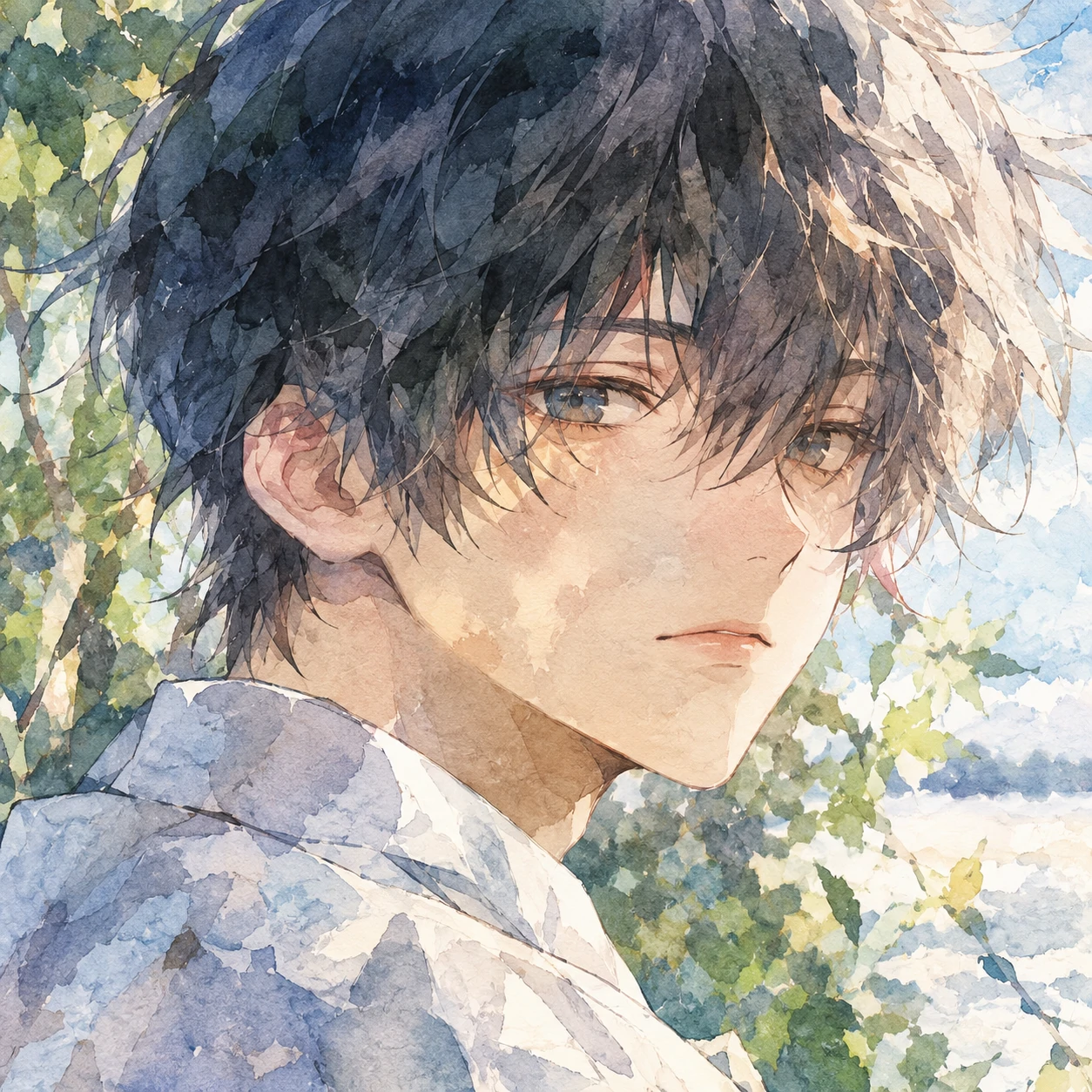 Detailed HD anime boy PFP in painterly watercolor art style