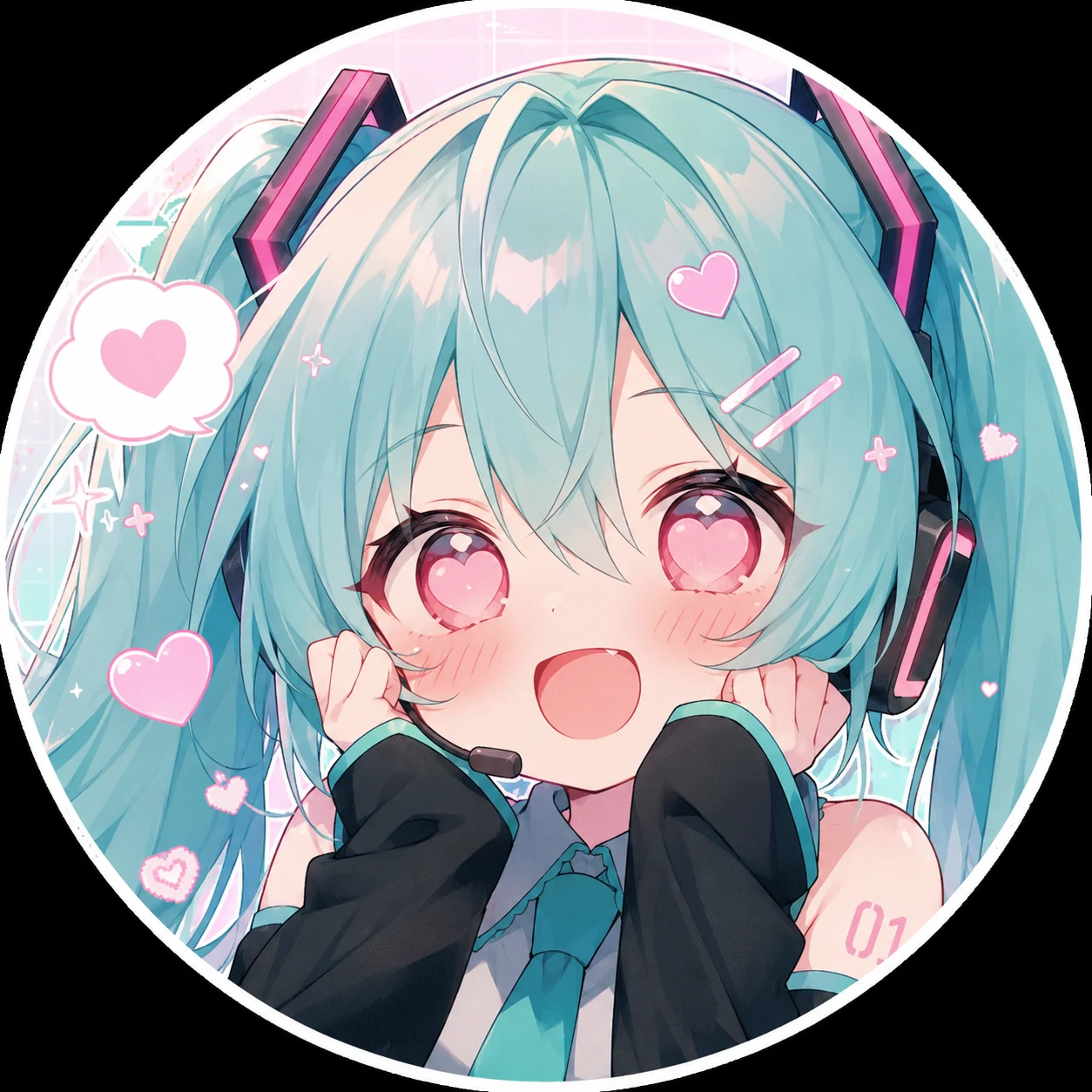 Cute Hatsune Miku profile picture with heart eyes and playful pastel styling