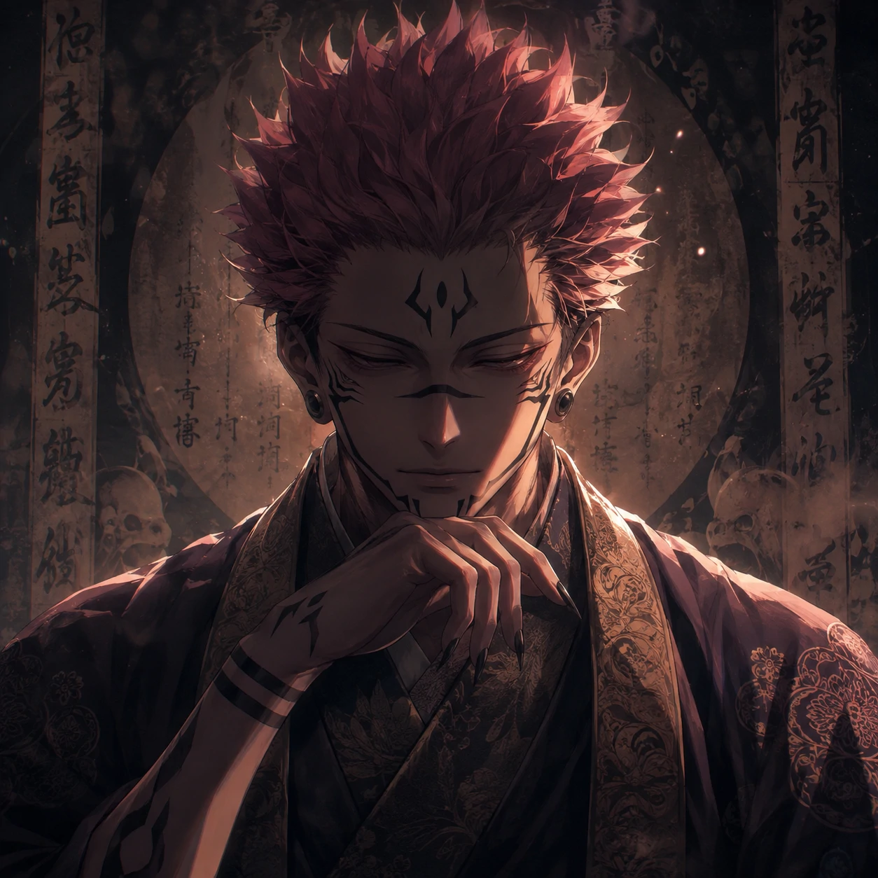 Portrait-style Heian Sukuna PFP with monk-cursed mood and serene lighting.