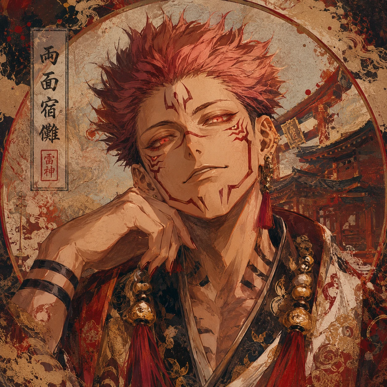 Brightly coloured Heian Sukuna PFP with painted brushwork feel.