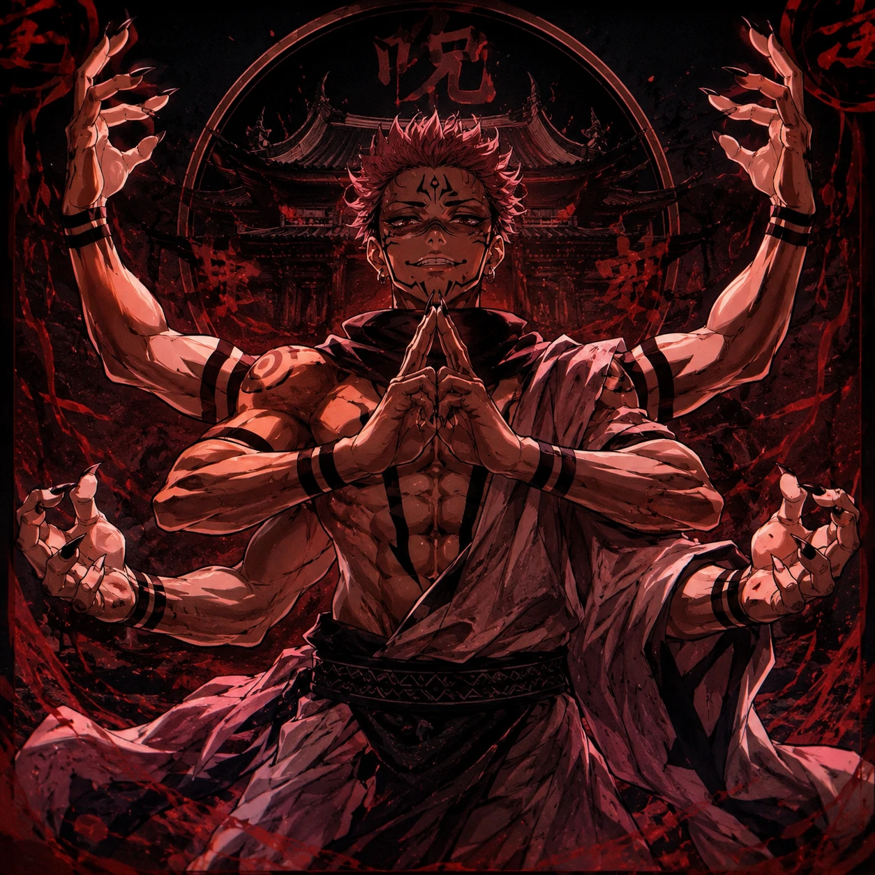 Heian Sukuna profile picture with all four arms visible in dramatic pose.