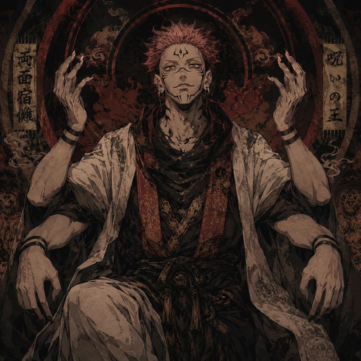 Heian-era Sukuna in his original form with four arms and ancient robes.