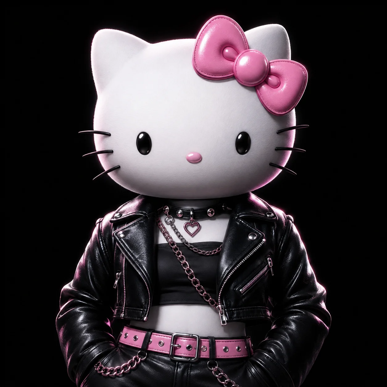 Edgy black leather hello kitty pfp with pink accents for baddie Instagram profile