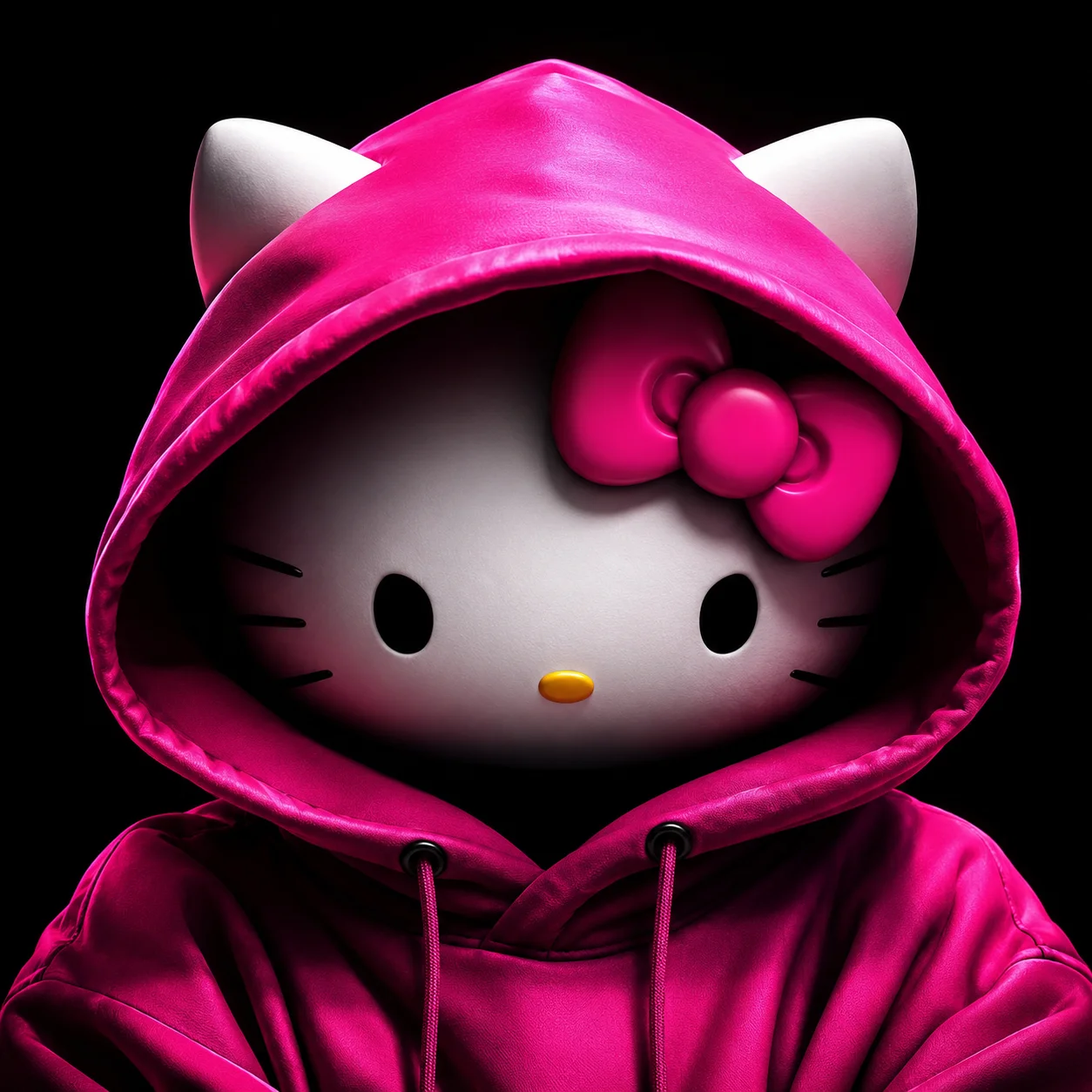 Pink hooded hello kitty pfp in black streetwear for coquette dark Discord profile