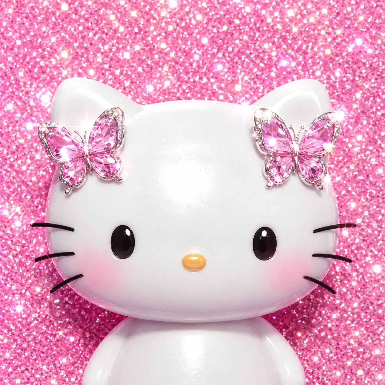 Pink glitter Y2K hello kitty pfp with butterfly clips for nostalgic aesthetic profile