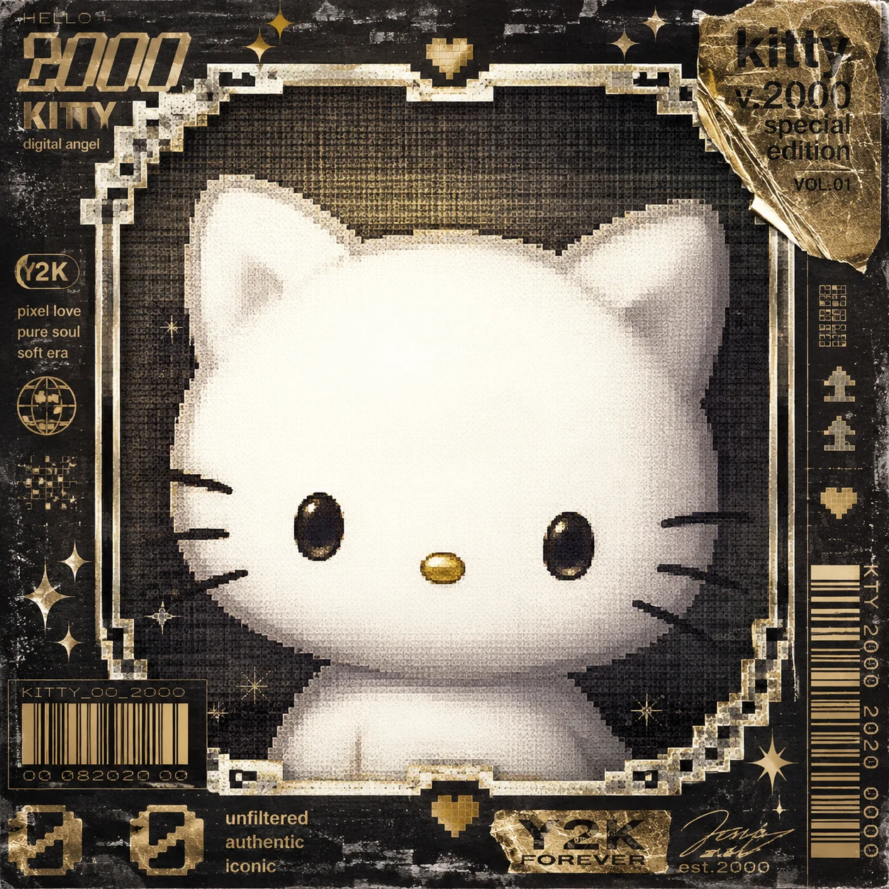 Y2K hello kitty pfp with pixel frame and magazine overlay for retro profile picture