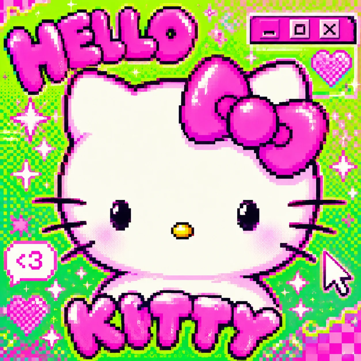 Pixel neon Y2K hello kitty pfp with bubble font for cyber aesthetic Discord profile