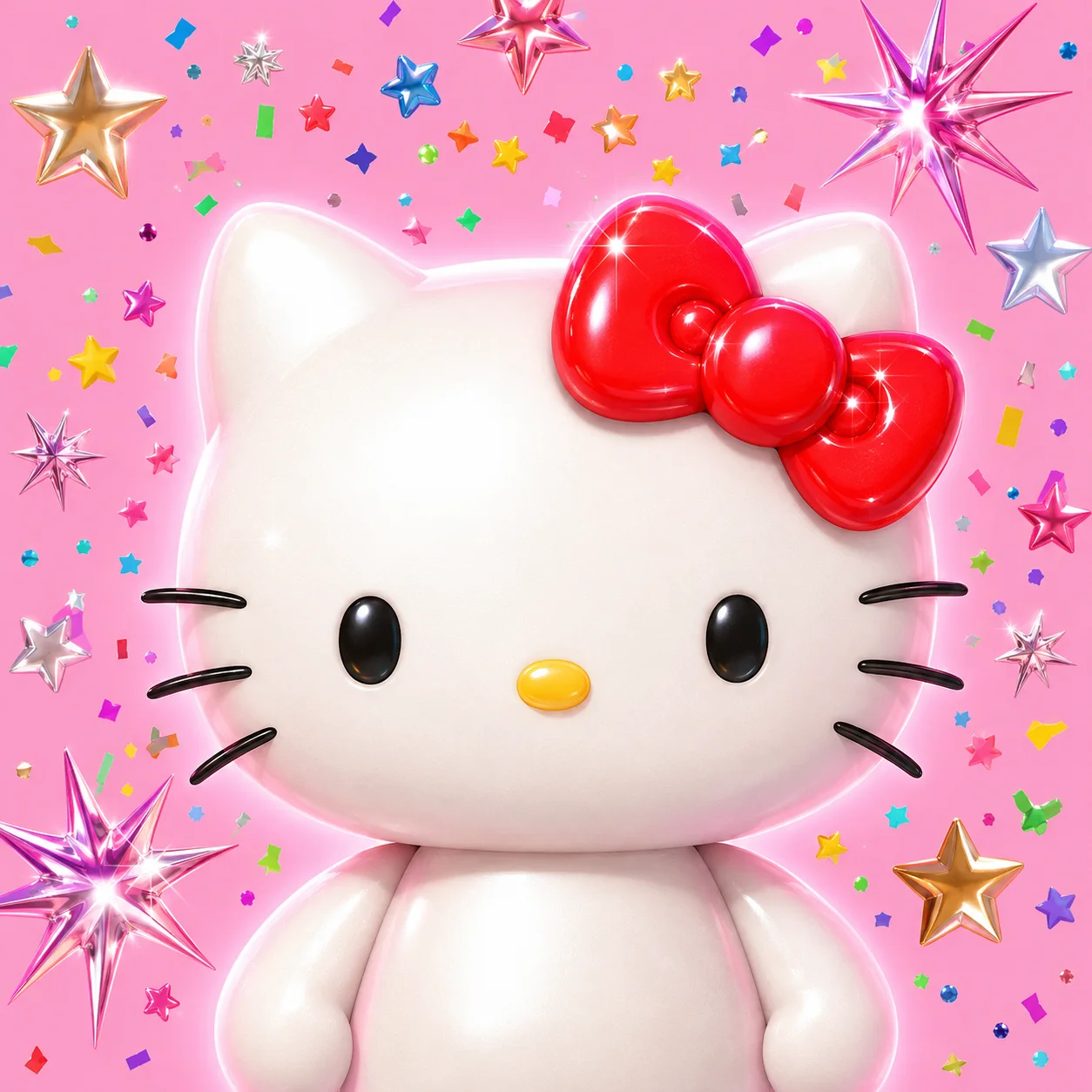 Sparkle rainbow Y2K hello kitty pfp with star confetti for nostalgic profile picture