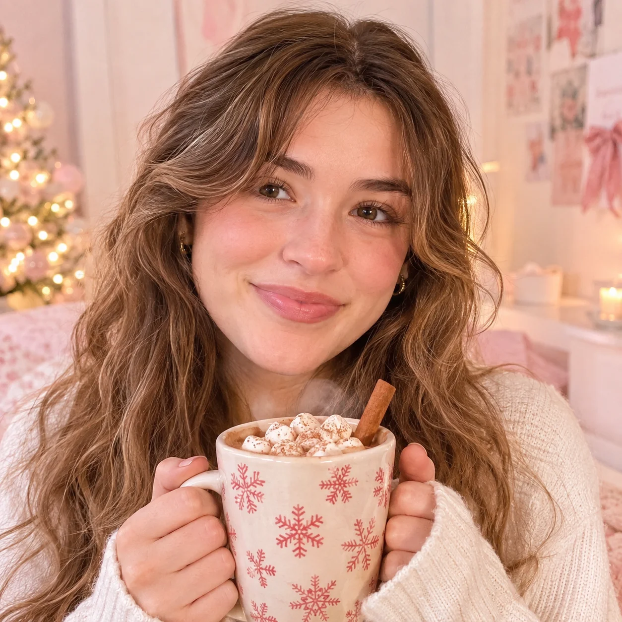 Holiday preppy avatar with hot cocoa and pastel room for cute cozy profile picture styling