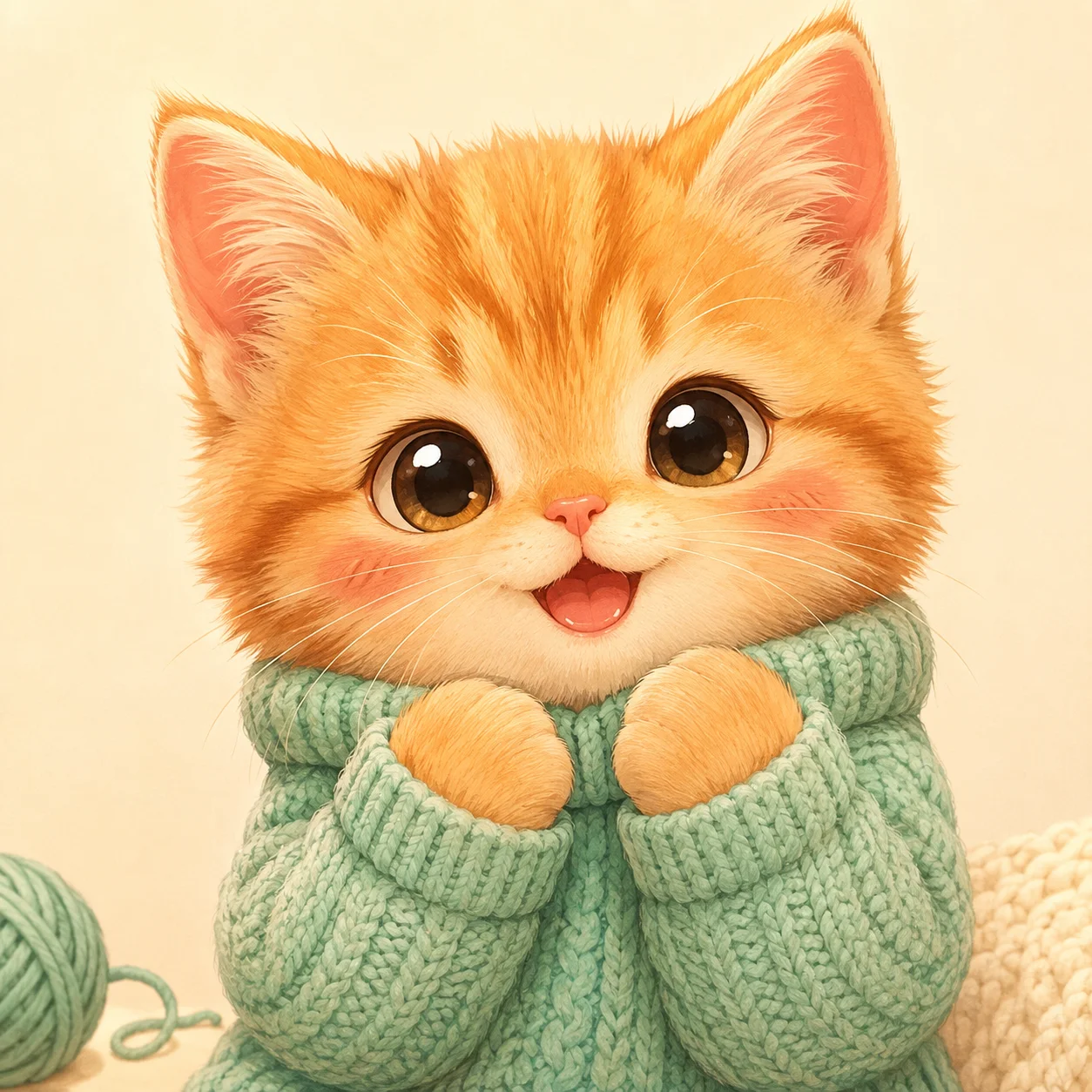 Kawaii orange tabby cat pfp wearing pastel sweater with adorable blushing cheeks for cute TikTok