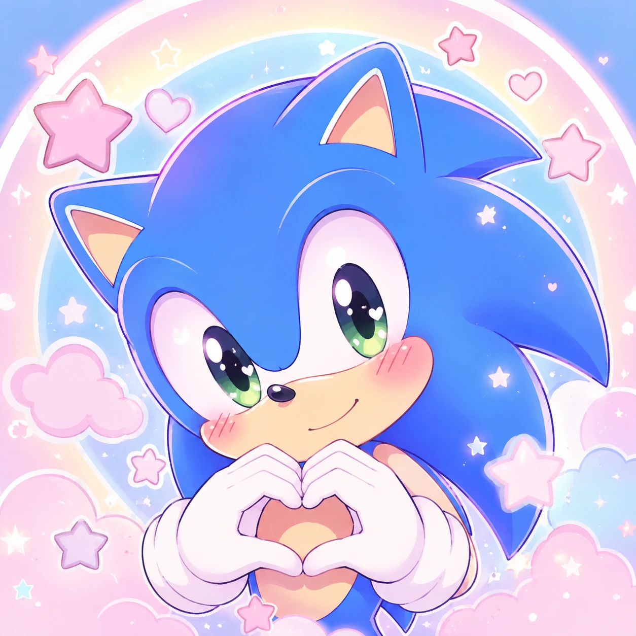 Kawaii style Sonic PFP with pink stars and pastel glow.