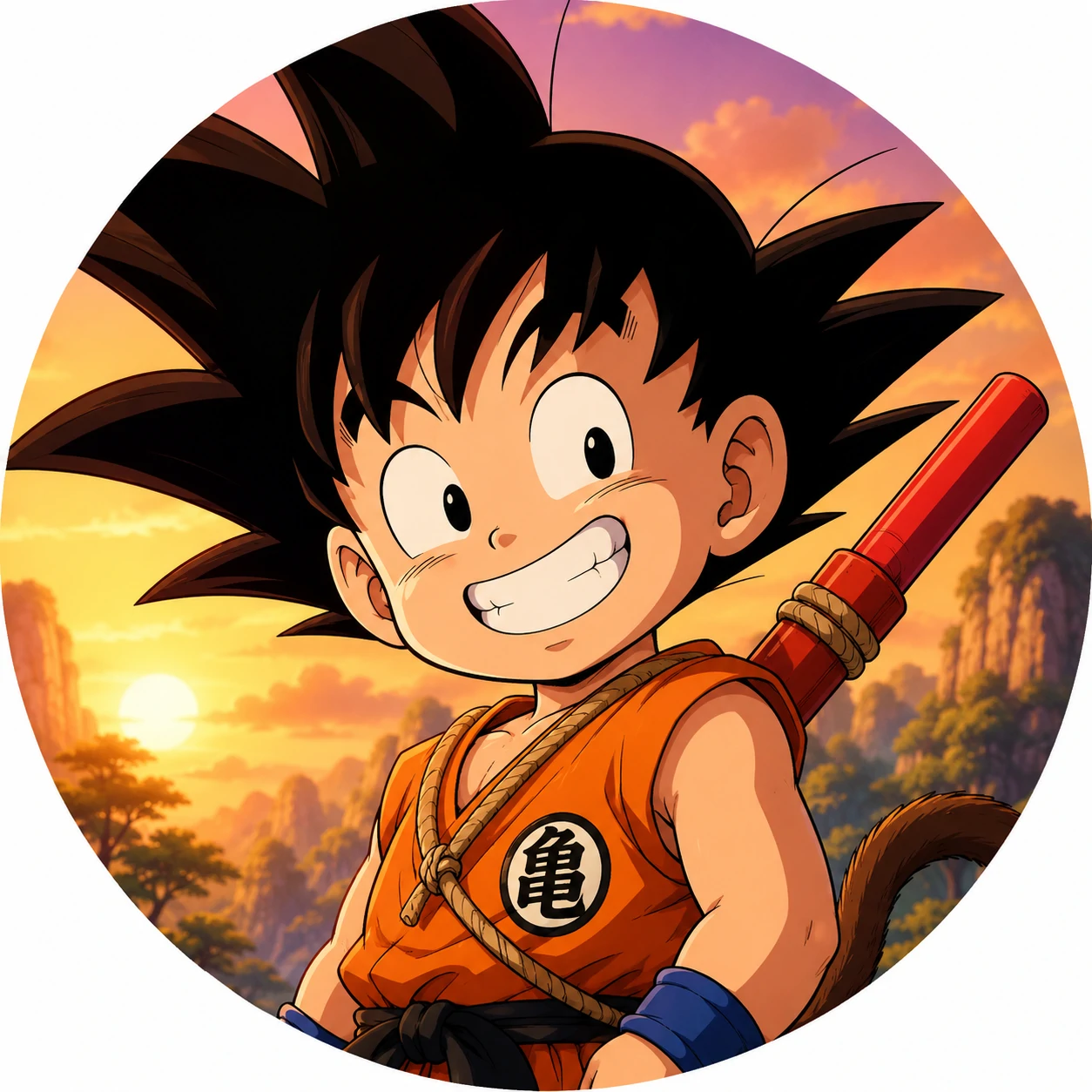 Kid Goku PFP smiling with Power Pole, cute Dragon Ball avatar
