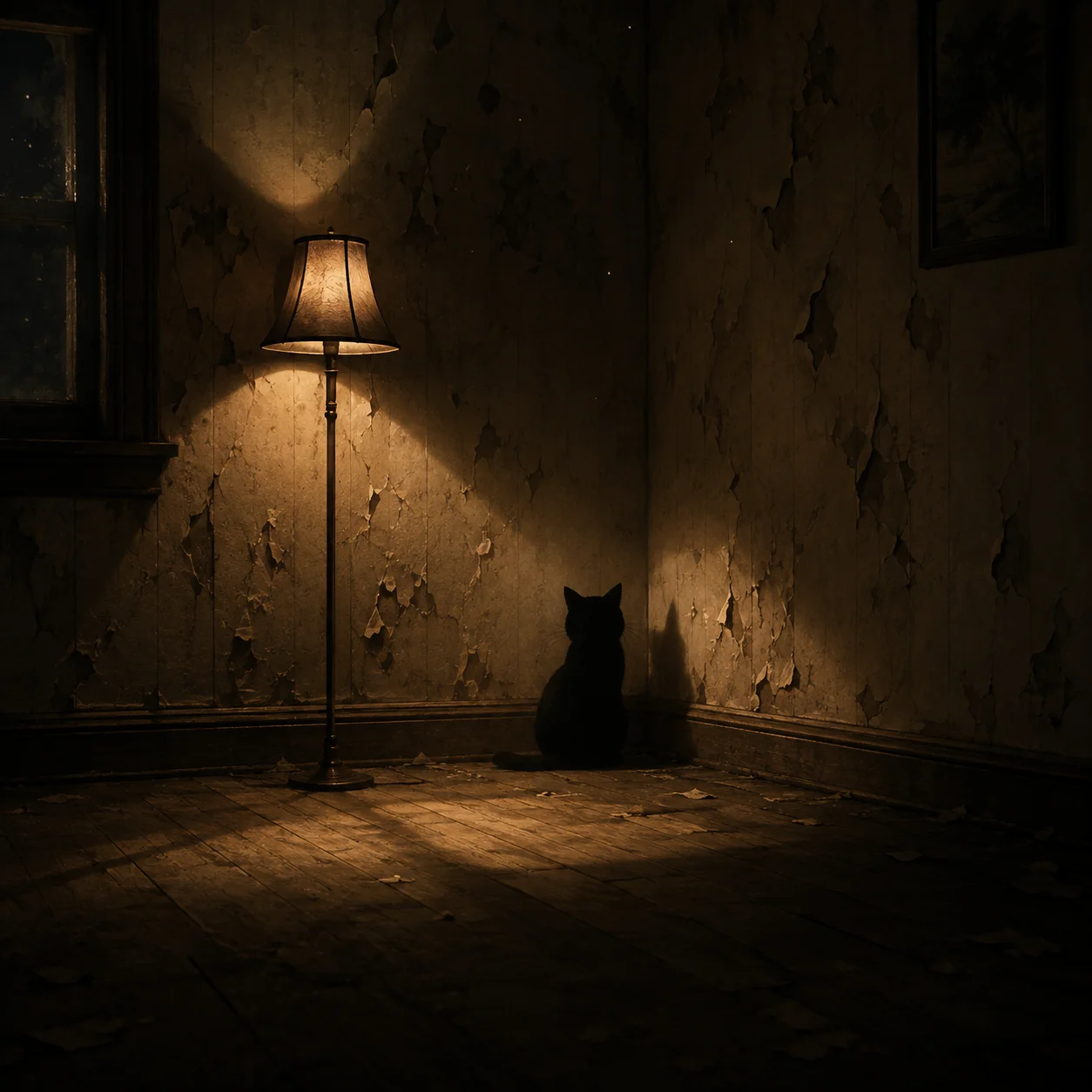 Lonely silhouette sad cat pfp in dim empty room for reflective mood-board profile picture