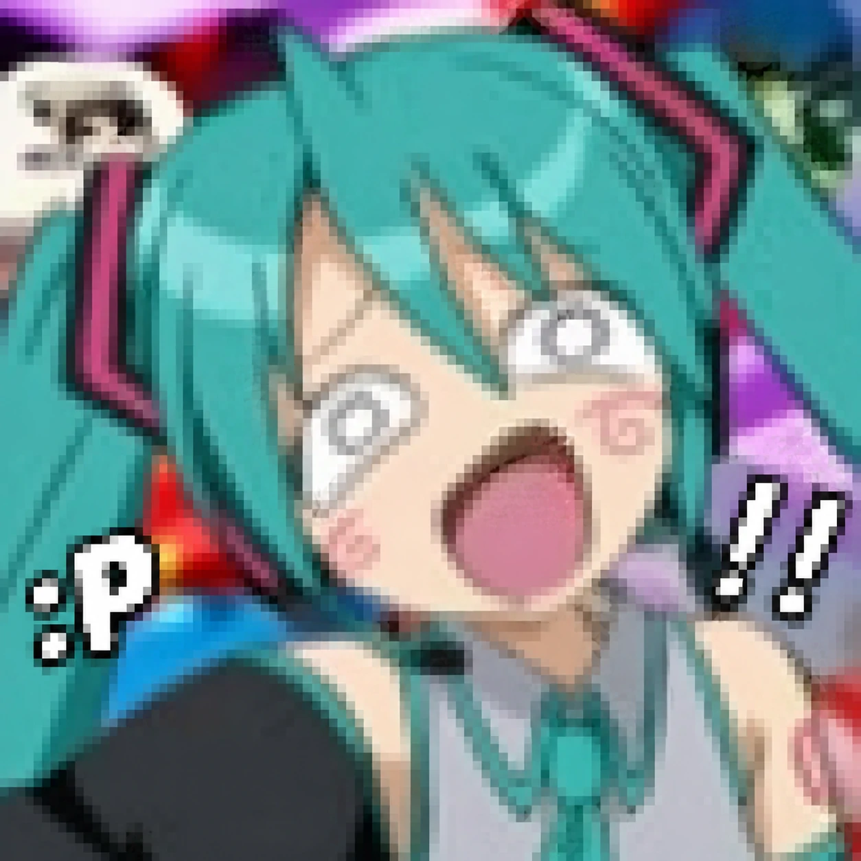 Funny low-res Miku pfp with chaotic crop and exaggerated internet meme feeling