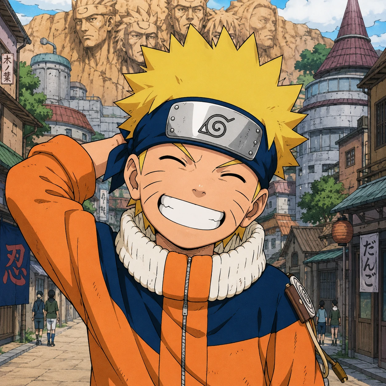 Manga colored kid Naruto PFP with grin and Hidden Leaf headband