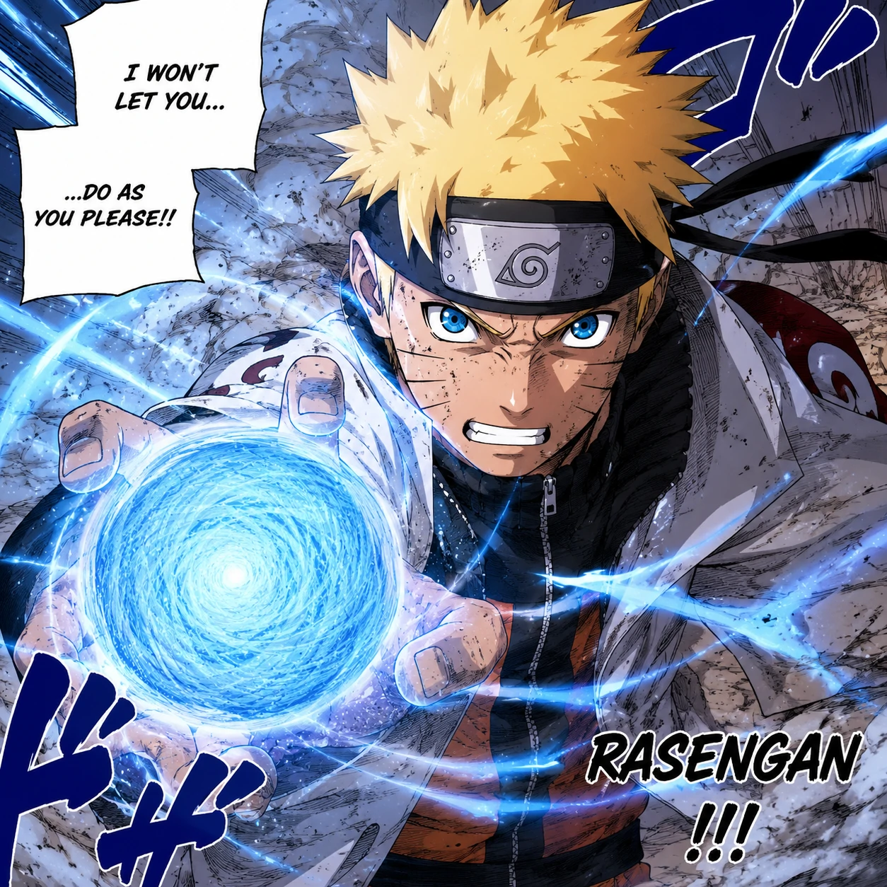 Manga colored Naruto PFP charging a blue Rasengan in a panel frame