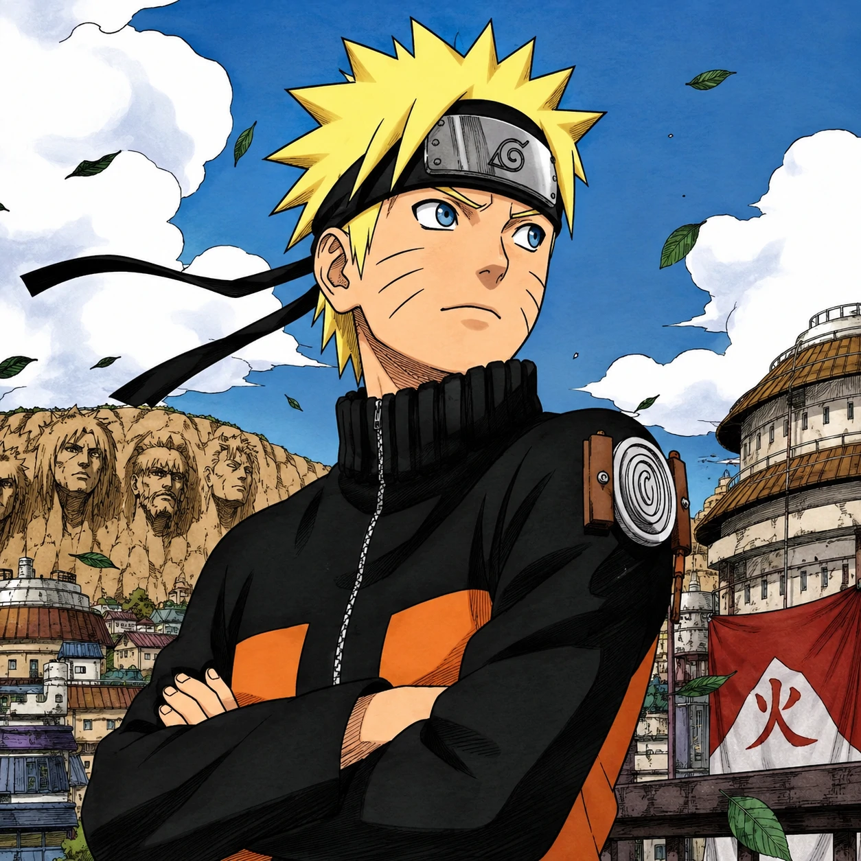 Manga colored Shippuden Naruto PFP in black and orange jacket panel
