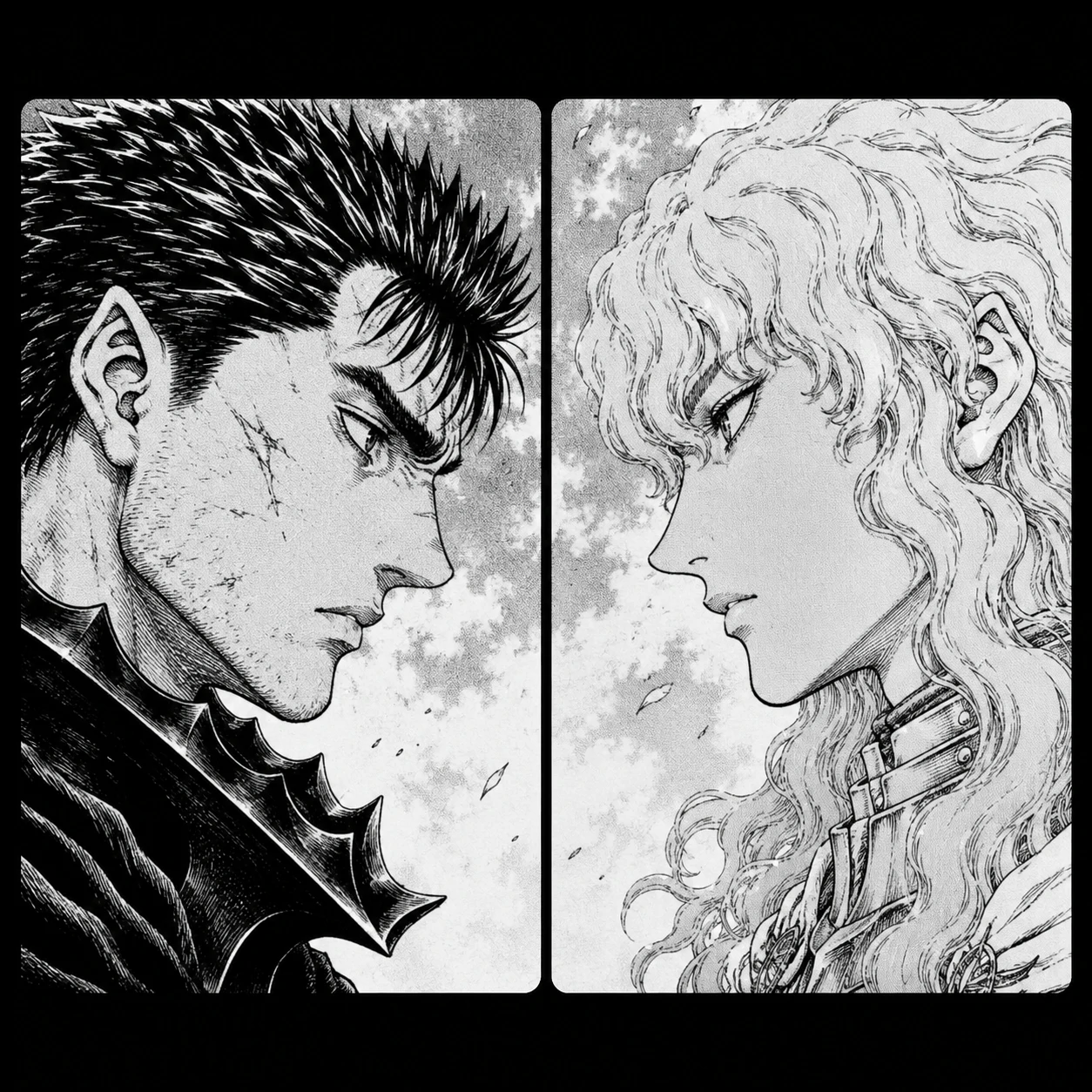 Manga style diptych matching pfp with Guts and Griffith facing each other