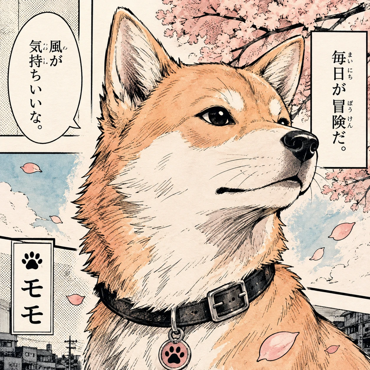 Manga-style dog avatar with bold ink lines and pastel washes