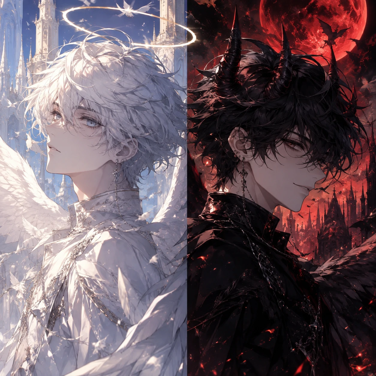 Matching anime boy PFP set with angel and demon themed duo
