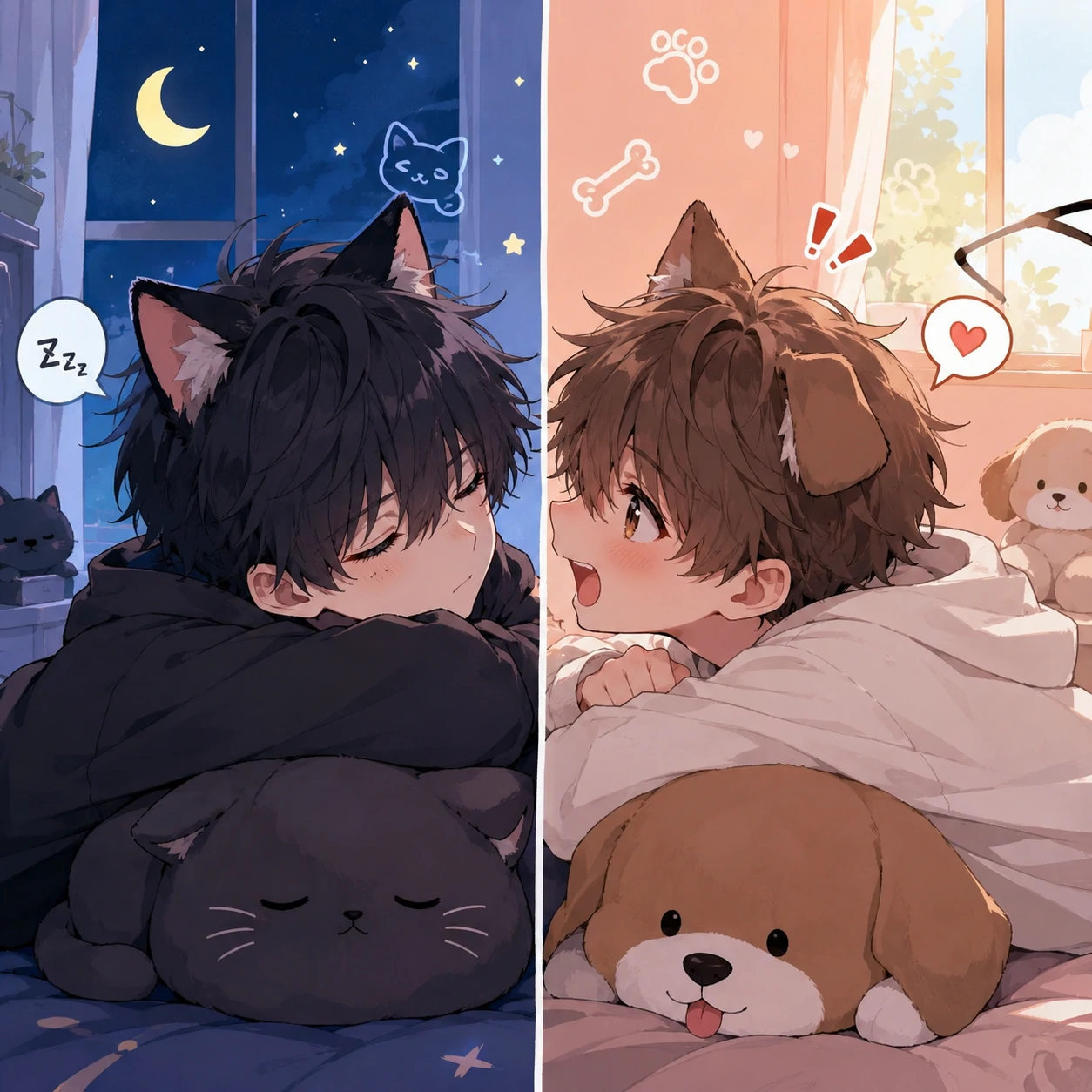 Cute matching anime boy PFP pair with cat and dog ear themes