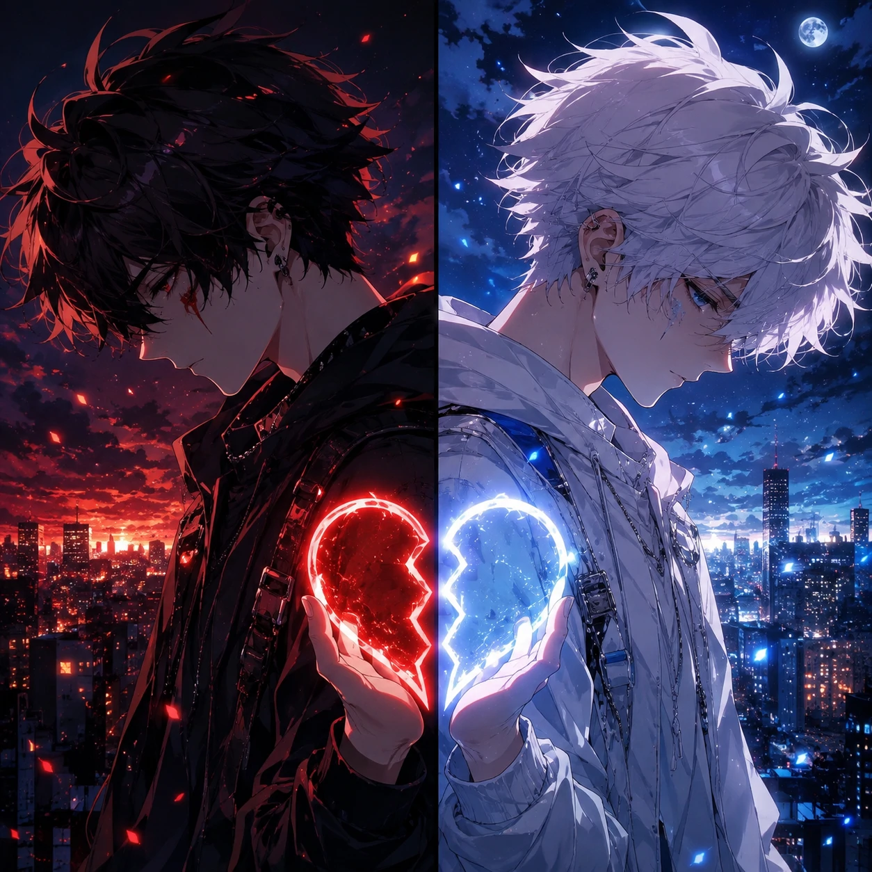 Matching anime boy PFP pair forming a split heart when combined