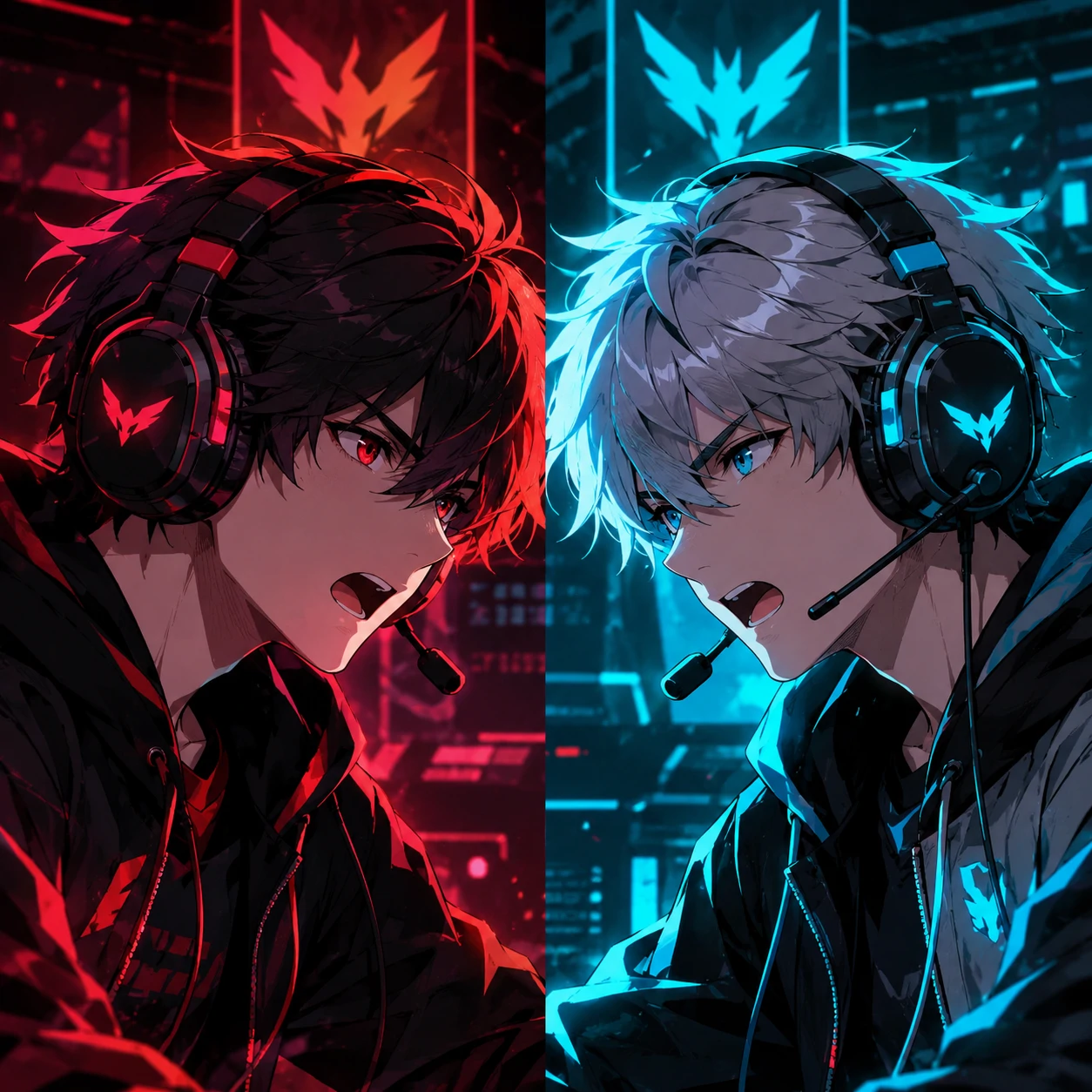 Matching anime boy PFPs of a gaming duo wearing coordinated headsets