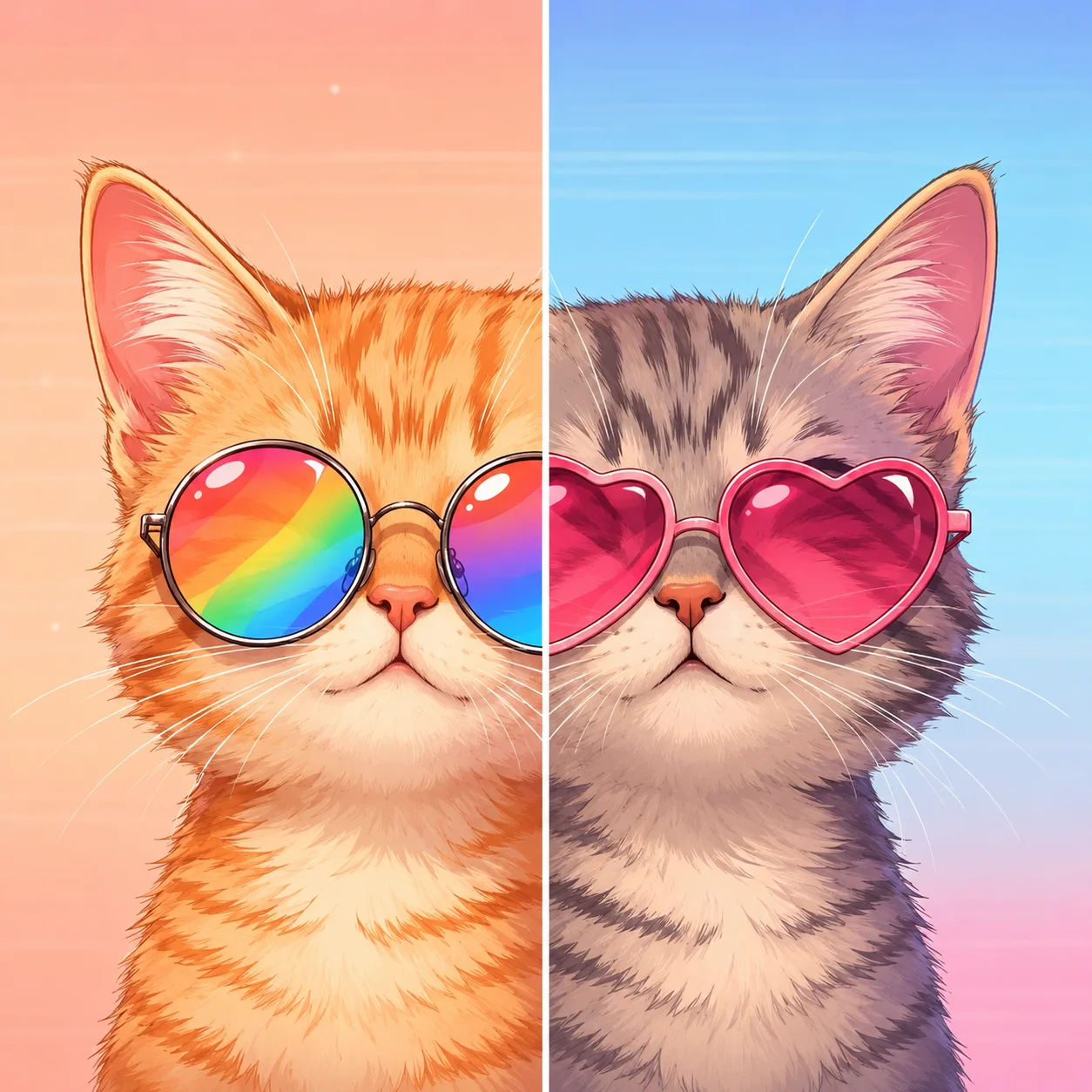 Half-half matching cat pfp with rainbow glasses and color split for fun couple profile set