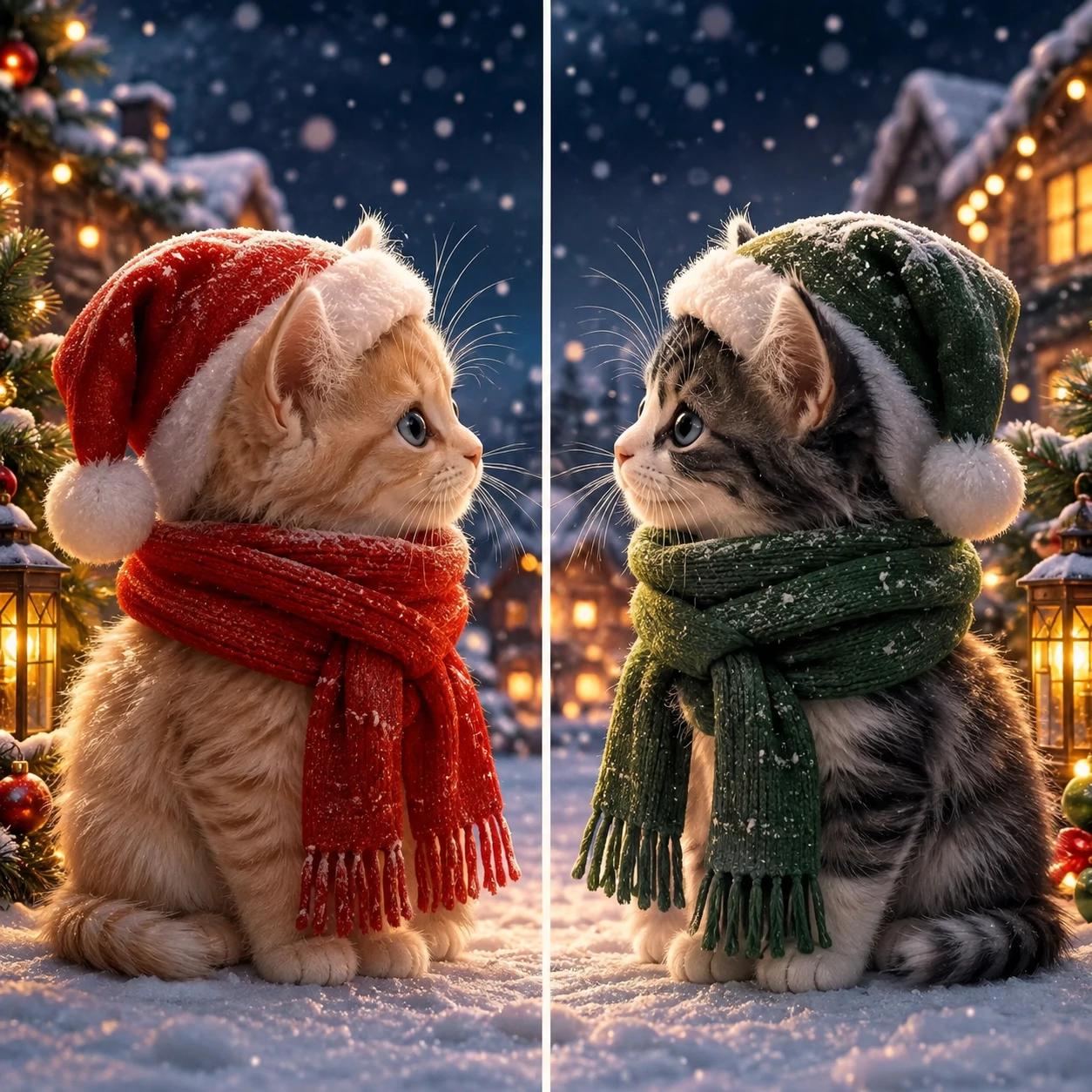 Matching Christmas PFP cats of two kittens in red and green scarves across two side-by-side frames