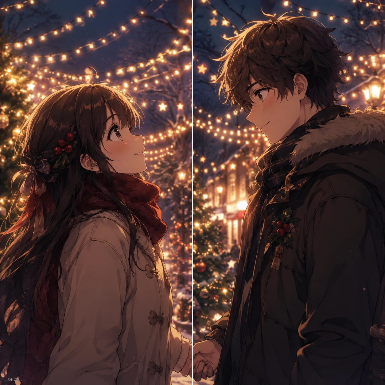 Matching Christmas PFP anime couple standing under warm string lights holding hands