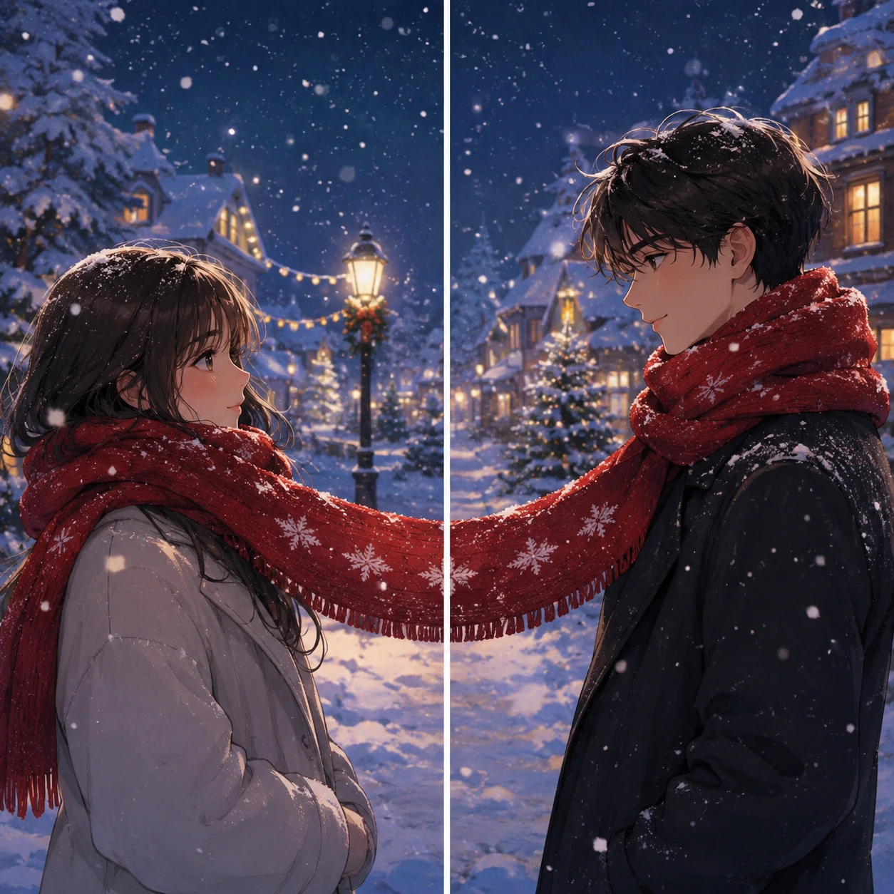 Matching Christmas PFP couple sharing one long red scarf split across two profile pictures