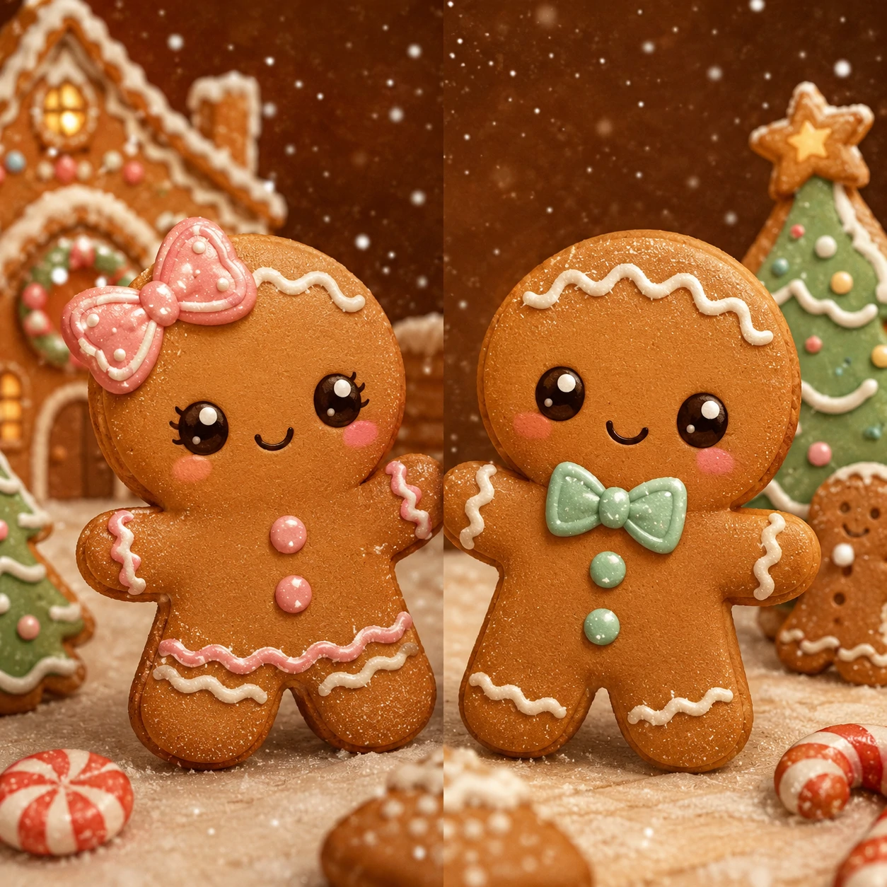 Matching Christmas PFP of two cute gingerbread cookies, one with icing bow and one with icing tie