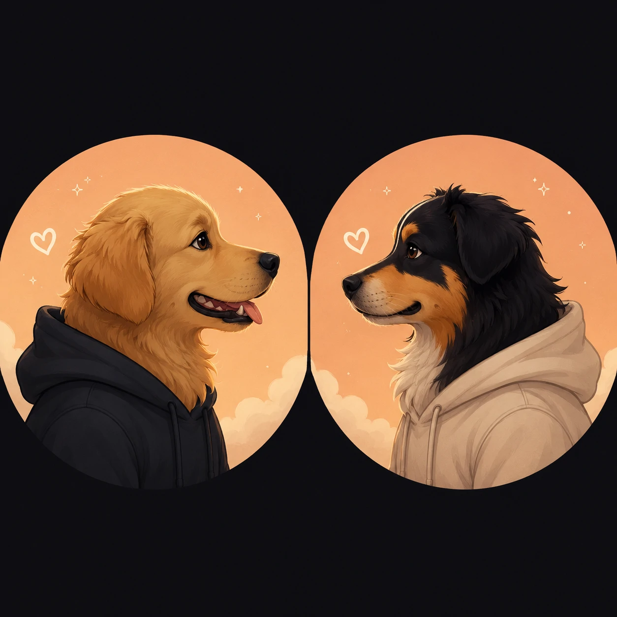 Two coordinated dog portraits designed as matching PFPs for friends