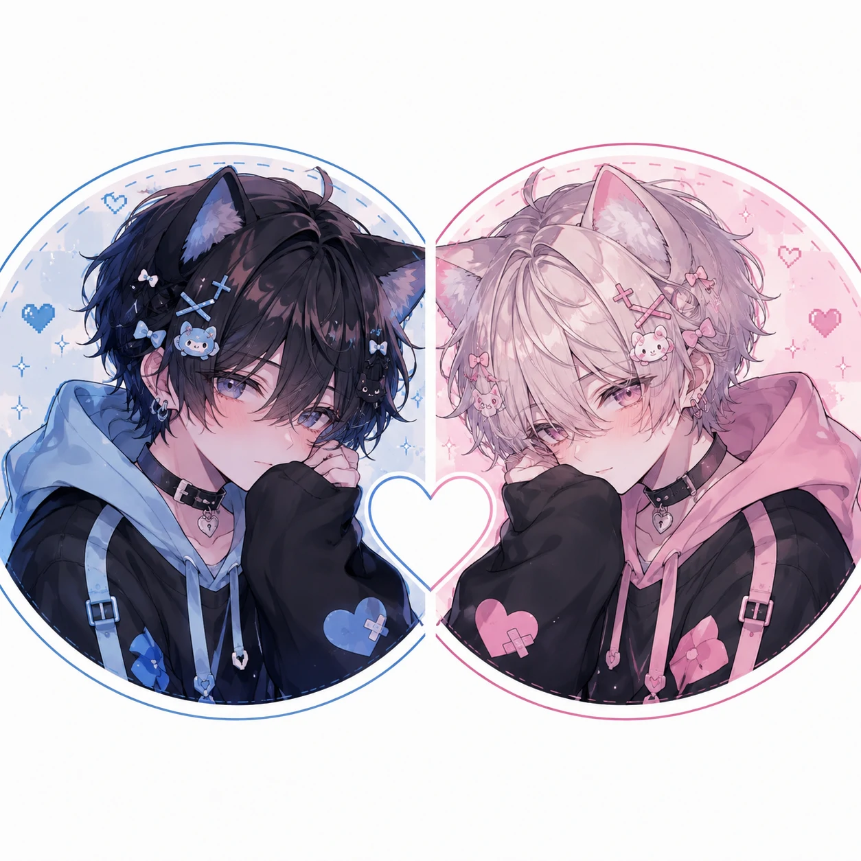 Matching anime femboy pfp pair with blue and pink coordinated colors