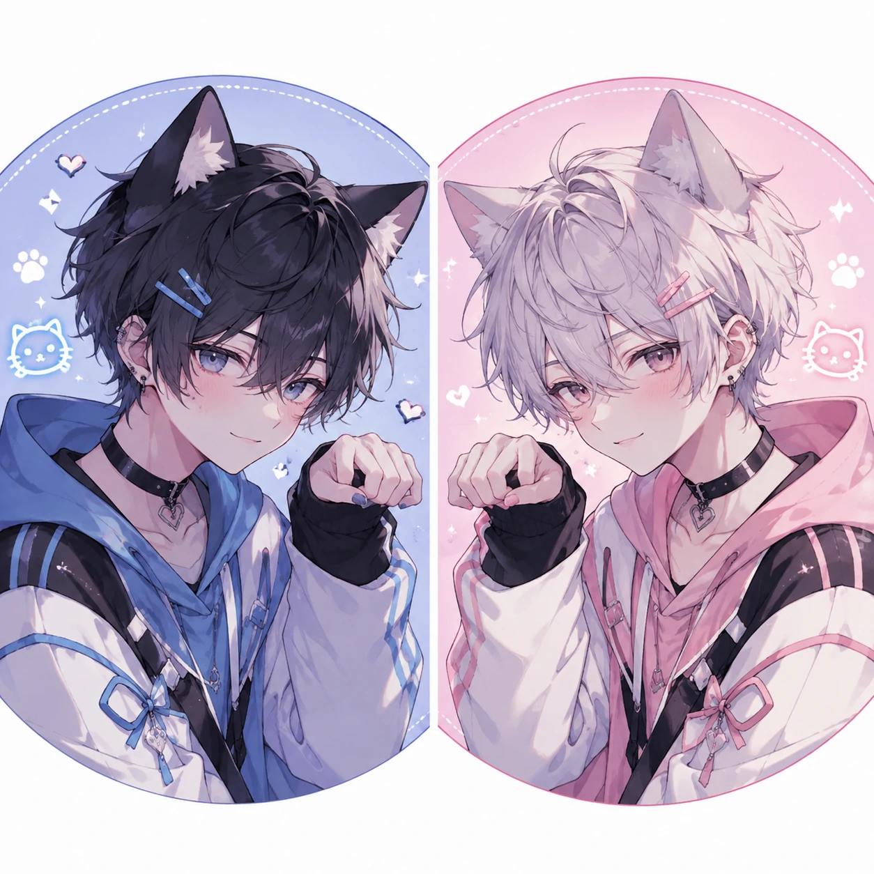 Matching catboy femboy pfp set with mirror poses and soft smiles