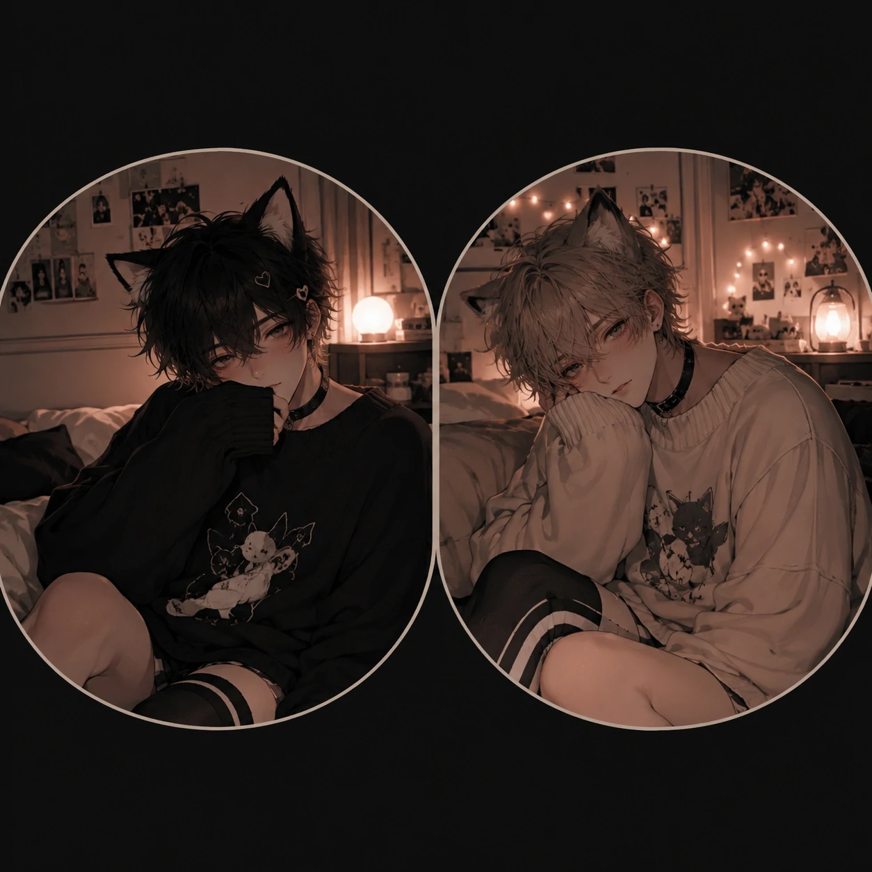 Matching femboy pfp pair in cozy bedroom setting with oversized sweaters