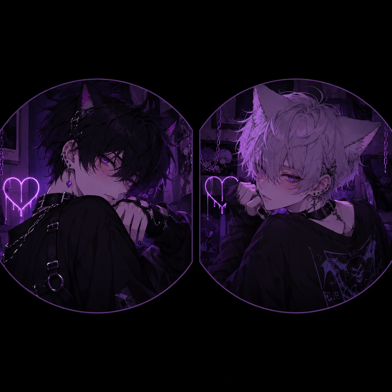 Matching femboy profile pictures with dark outfits and shared purple lighting