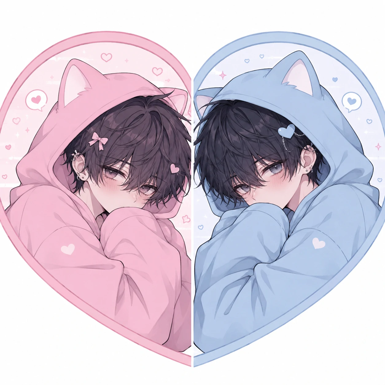 Matching femboy pfp duo with pastel hoodies and split heart framing