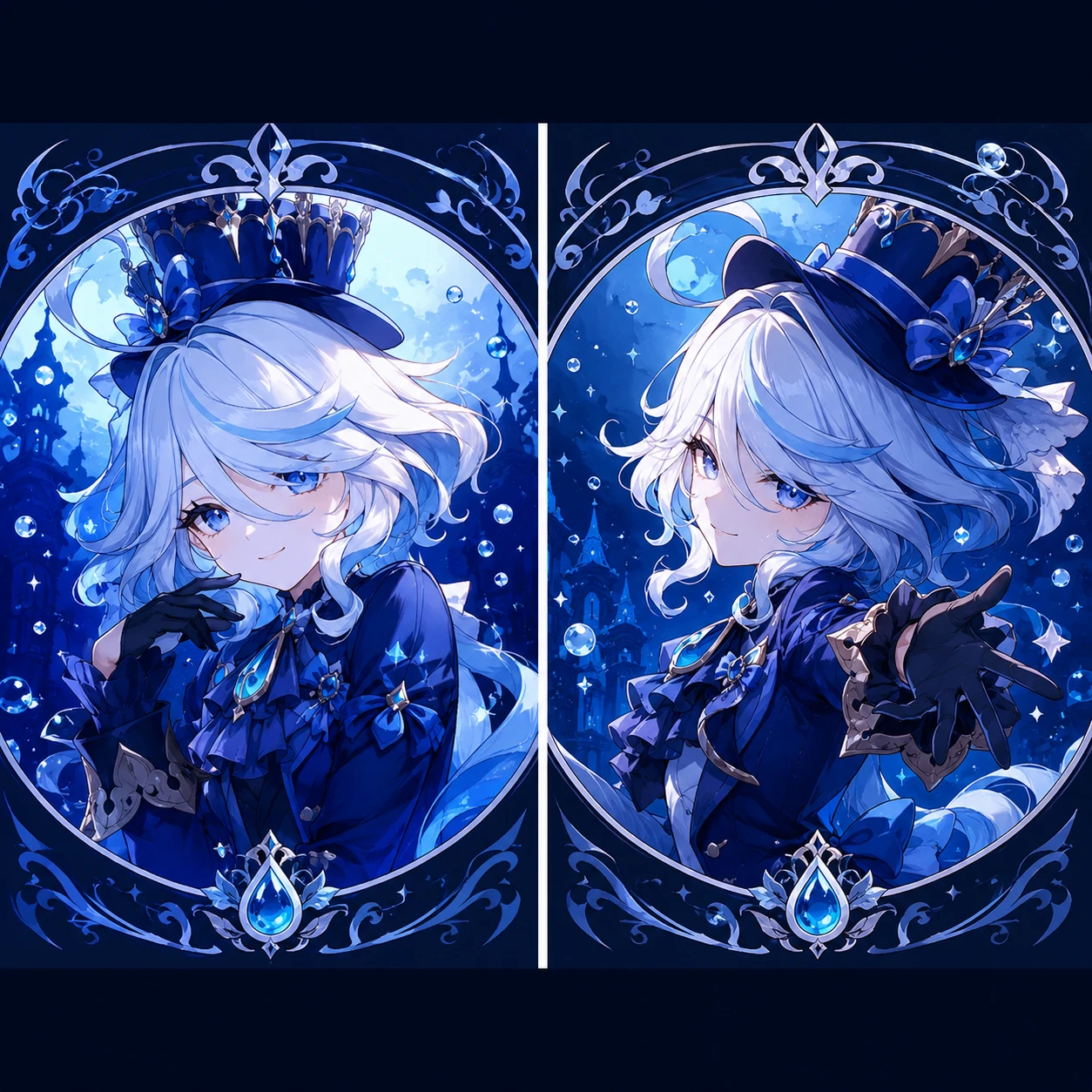 matching-furina-pfp-blue-duo-half Matching Furina pfp duo with blue mirrored framing and coordinated anime poses